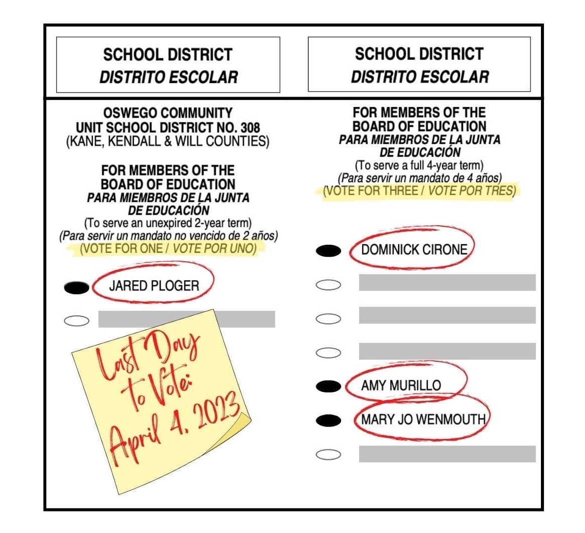 A sample ballot showing the four For the Kids candidates.